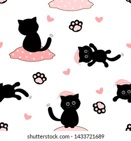 Black cat seamless pattern. hat with pink hearts and footprint, cute animal on white background. Vector illustration.