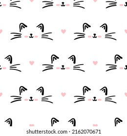 Black cat seamless pattern. Meow and cat paws background vector illustration. Cute cartoon pastel character for nursery girl baby print.