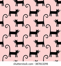 Black cat seamless pattern on pink background. Cute cartoon cat vector illustration. Child drawing style kitty background.