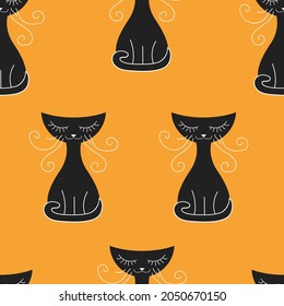 Black cat seamless pattern. Vector pattern.