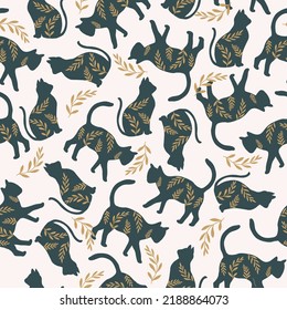 Black cat seamless patterns, mystical vector repeating background. Floral and animal digital paper