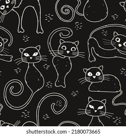 Patrón de arte de la línea vectorial sin costuras del gato negro. Gatitos dibujados a mano en diferentes poses. Diseño de animales de compañía, oscuro, amoroso y elegante.