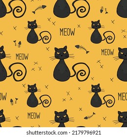 Black cat seamless vector pattern with the yellow background. Bossy kitty silhouette drawings and lettering. Spooky witch cat design is great for scrapbooking, textile, and Halloween print
