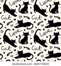 Black cat seamless vector pattern, design for textile print, fabric, wallpaper.