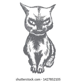 Black cat seating portrait. Halloween background. Witchcraft magic, occult attribute decorative element. Vector.
