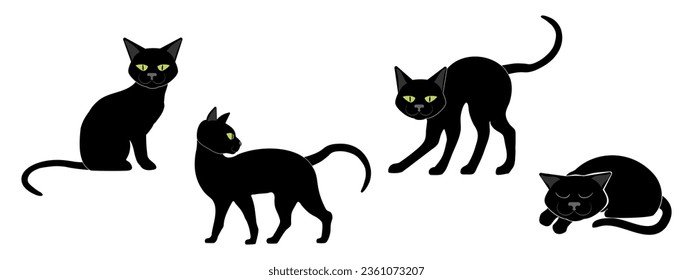 Black cat set, halloween cartoon characters . Vector illustration.