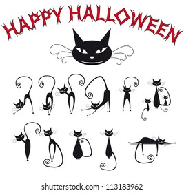 Black cat Set of halloween silhouette. Vector EPS8