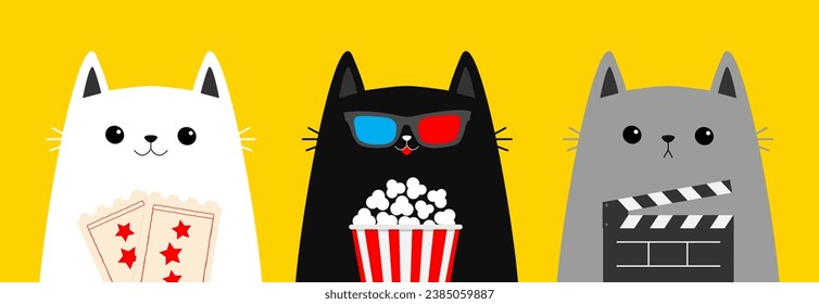 Black cat set holding popcorn, clapper board, tickets. Cinema theater. Kitten watching movie in 3D glasses. Cute cartoon kawaii funny character. Film show. Flat design. White background. Vector