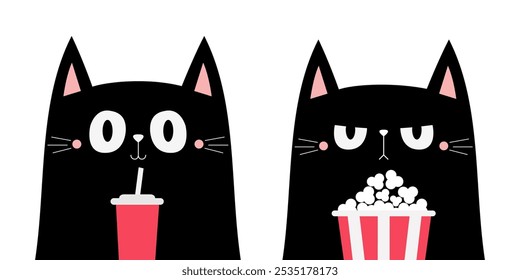 Conjunto de gato negro. Gatitos viendo películas. Palomitas de maíz, vaso de refresco con paja. Cine y teatro. Personaje divertido de dibujos animados lindo. Espectáculo de cine. Impresión de la etiqueta engomada de los niños. Estilo infantil. El fondo blanco. Vector de diseño plano