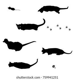 Black cat set with mouse and footprints isolated on white background. Dark silhouettes of animals. Vector illustration. Cartoon style. Charismatic pets. One looks at you.