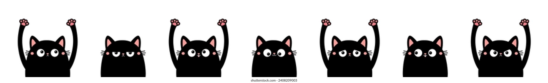 Black cat set. Peeking kitten holding hands up. Eyes, teeth, tongue, pink paw print. Cute cartoon kawaii funny boo spooky character line banner. Pet collection. Flat design. White background. Vector