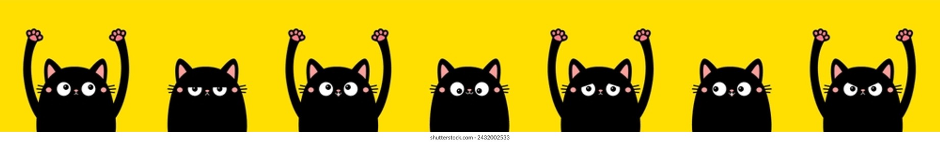 Black cat set. Peeking kitten holding hands up. Eyes, teeth, tongue, pink paw print. Cute cartoon kawaii funny boo spooky character line banner. Pet collection. Flat design. Yellow background. Vector