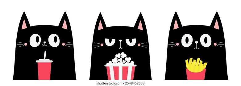 Conjunto de gato negro. Soda, palomitas de maíz, papas fritas. Gatito viendo una película. Personaje divertido de dibujos animados lindo. Cine y teatro. Espectáculo de cine. Impresión de la etiqueta engomada de los niños. Estilo infantil. El fondo blanco. Diseño plano. Vector