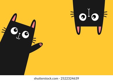 Jogo de gato preto. De cabeça para baixo. Acenando. Impressão rosa da pata. Bonito desenho animado kawaii engraçado triste personagem. Animal de estimação. Estilo infantil. Design plano. Isolado. Fundo amarelo. Vetor