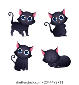 Black cat set vector flat illustration. Collection of cute funny cartoon cat with different poses and moods on white background.