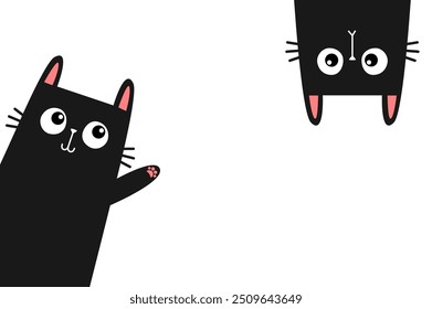 Black cat set. Waving hand. Pink paw print. Upside down face head. Cute cartoon kawaii funny sad character. Pet baby animal. Childish style. Flat design. White background Isolated. Vector illustration