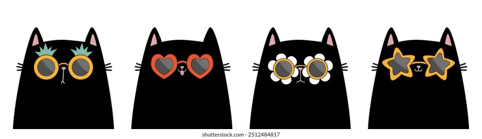 Um gato preto usando óculos de sol. Gatinho de óculos. Lentes de óculos de sol em forma de coração, estrela, margarida, abacaxi. Personagem engraçado de desenho animado bonito kawaii. Fundo branco. Vetor de design plano