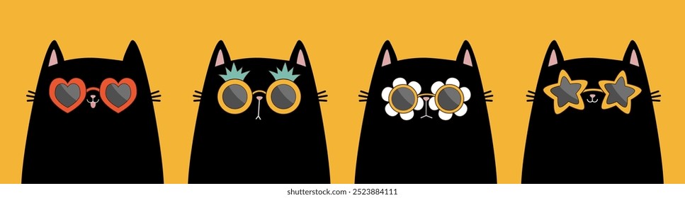 Schwarzes Katzenset mit Sonnenbrille. Stern, Herz, Gänseblümchen, Ananas Form Sonnenbrille Linsen. Kätzchen in Brille. Nette Cartoon Kawaii lustige Figur. Gelber Hintergrund. Flaches Design. Vektorgrafik