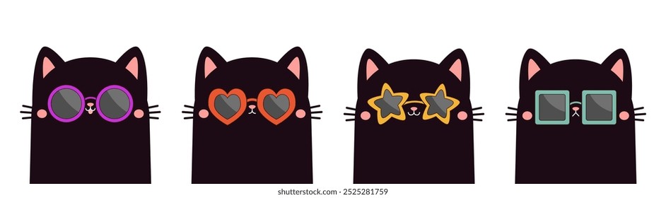 Black cat set wearing sunglass eyeglasses. Kitten in eyeglass. Heart, star, round, square shape sunglasses lenses. Cute cartoon kawaii funny character. White background Flat design Vector illustration