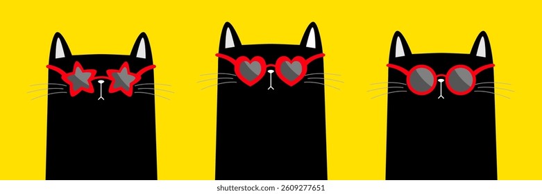 Black cat set wearing sunglass eyeglasses. Kitten in eyeglass. Heart, star, round circle shape sunglasses lenses. Cute cartoon kawaii funny character. Flat design Yellow background Vector illustration