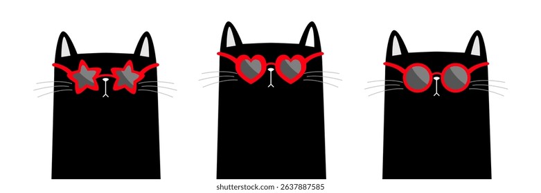 Black cat set wearing sunglass eyeglasses. Kitten in eyeglass. Heart, star, round circle shape sunglasses lenses. Cute cartoon kawaii funny character. White background. Flat design Vector illustration