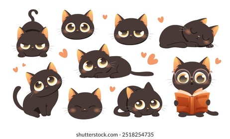 Conjunto de gato negro. Gato brujo. Gato negro dibujado divertido con diferentes poses y emociones. Ilustraciones vectoriales