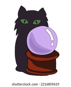 Black cat shadow with green eyes and a lilac divination ball. Vector illustration on a white background