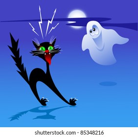 Black cat shaking with fear and a cute ghost on a background of the night sky