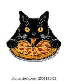 A black cat with sharp yellow eyes eagerly munches on a slice of pizza, its paws gripping the cheesy slice.