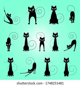 black cat shiluettes in various poses. vector illustration