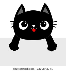 Black cat showing tongue, hanging on paper. Smiling kittens with hands. Paw print on the table. Funny Cute cartoon baby character. Kawaii animal. Pet collection. Flat design. White background. Vector