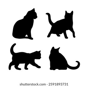 Black Cat Silhouette Abstract Set in different poses. Sitting, standing, running etc. Icon, Logo vector illustration.