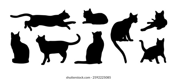 Black Cat Silhouette Abstract Set in different poses. Sitting, standing, running etc. Icon, Logo vector illustration.