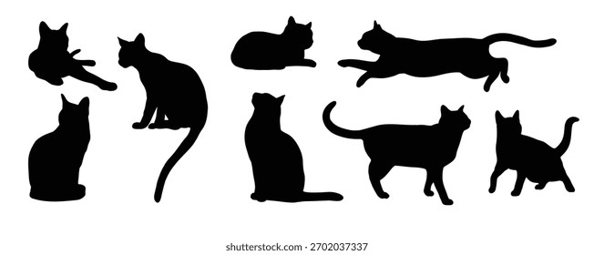 Conjunto Abstractas de silueta de gato negro en diferentes poses. Sentado, de pie, corriendo, etc. Icono, Ilustración vectorial de Logo.