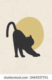 Black cat silhouette aesthetic boho style. Alone kitty in sunrise 2d illustration. Cat life concept, vector art.