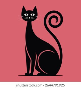 Black cat silhouette against a solid pink background features a curled tail and minimalist style. Simple lines create an elegant design.