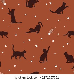 Black cat silhouette among stars in the night sky vector seamless pattern. Boho Halloween cats background. Esoteric outer space pets surface design.