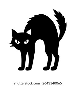 Black cat silhouette with arched back and sharp eyes. Bold vector illustration ideal for Halloween designs, spooky decorations, stickers, prints, and themed digital or print projects.