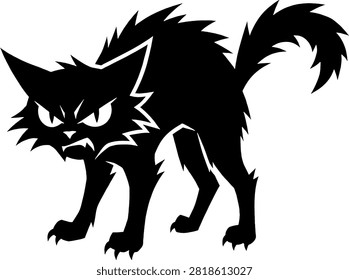 Black cat silhouette with arched back and hissing expression, a scary vector graphic for Halloween designs, mascots, or spooky illustrations.
