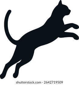 Black cat silhouette captured mid-jump or mid-air. Ideal for energetic designs, pet agility, or symbolizing swiftness and movement