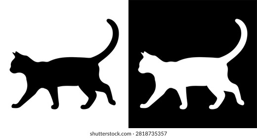 A black cat silhouette captured in motion, showcasing elegance and agility with a curved tail and poised stance on a plain background.