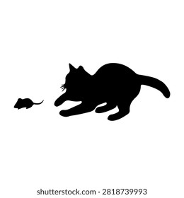 Black cat silhouette chasing mouse, illustrating predator and prey interaction in a minimalistic style on plain white background.
