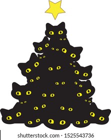 black cat silhouette , Christmas tree of cartoon black cats , Cartoon black cats Christmas tree - Vector illustration.