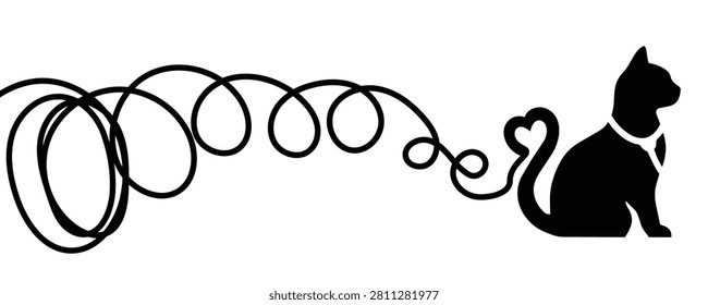 Black cat silhouette with coiled cord forming heart tail. Pet, animal, playful, cute, companion, love. Isolated on transparent background.