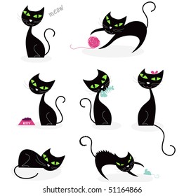 Black cat silhouette collection. Black cats in various poses. Vector cartoon illustration.