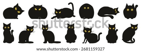 Black cat silhouette collection with glowing eyes. Each feline shown in various sitting and lying positions. Ideal for Halloween or spooky designs