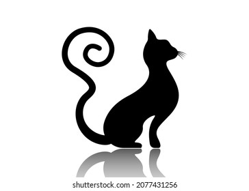 Black Cat Silhouette With Curly Tail, Feline Animal Logo Template, Vector Illustration Isolated On A White Background