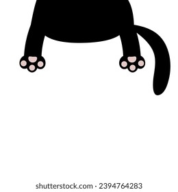 Black cat silhouette. Cute cartoon character. Hanging back body paw print, tail. Funny legs. Kawaii baby animal. Notebook cover. Pet collection. Flat design. White background. Sticker print. Vector