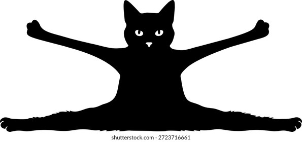 Silueta de gato negro haciendo estiramiento o divisiones de piernas con patas levantadas aisladas sobre fondo transparente