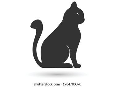 Black cat silhouette. Elegant cat sitting side view with turn around head.